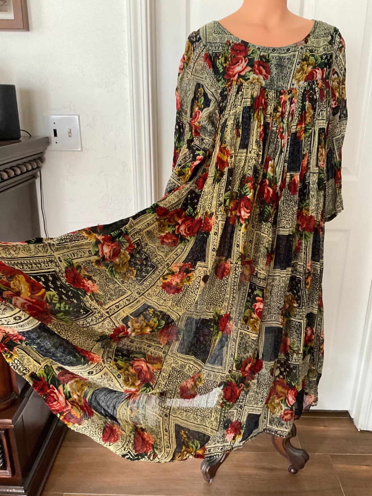Patchouli from Nature 100% Cotton Batik Style Maxi Dress 1990s India Size Large