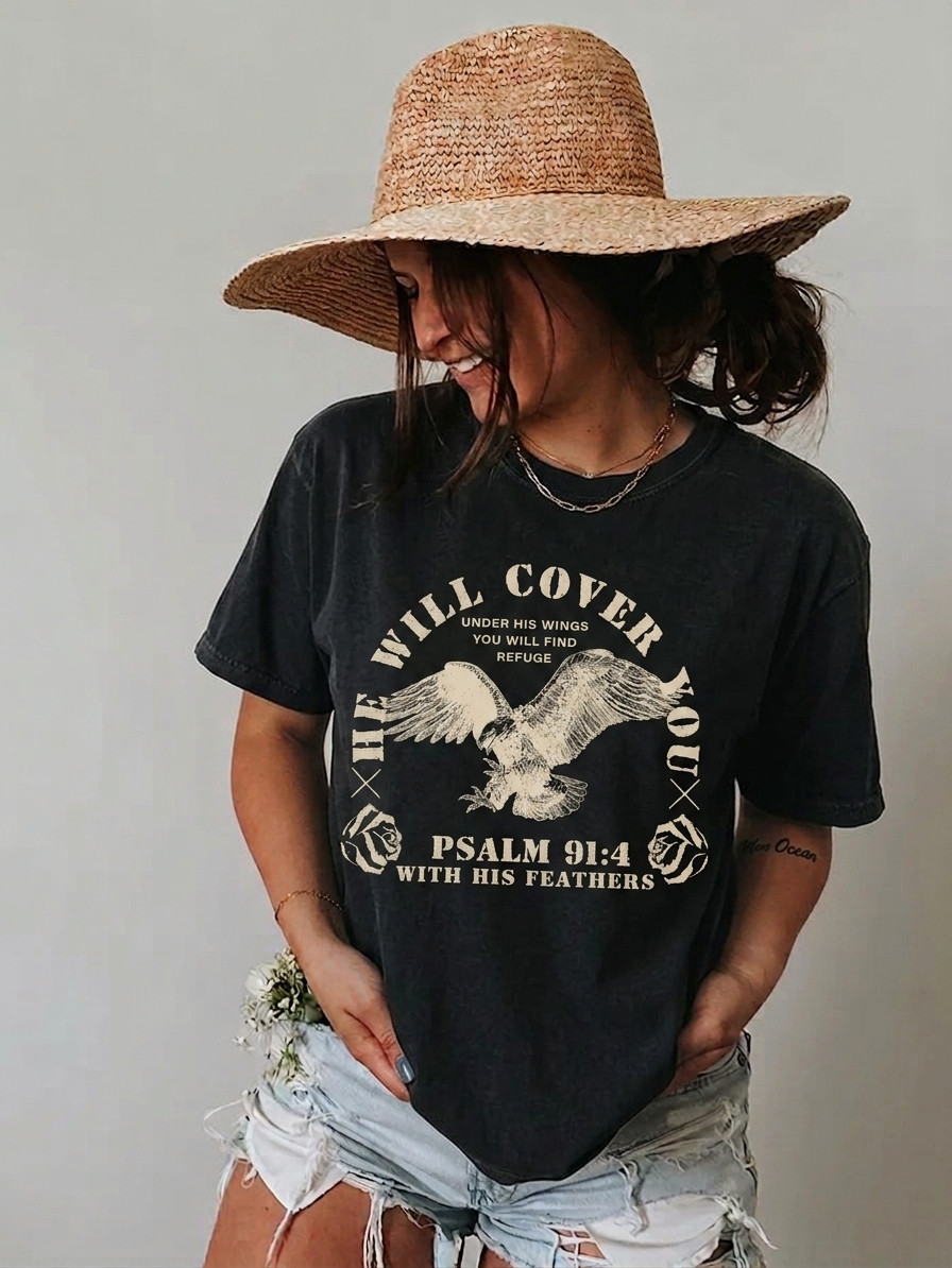 He Will Cover You With His Feathers Shirt Psalm 91:4 Eagle Christian Graphic Tee