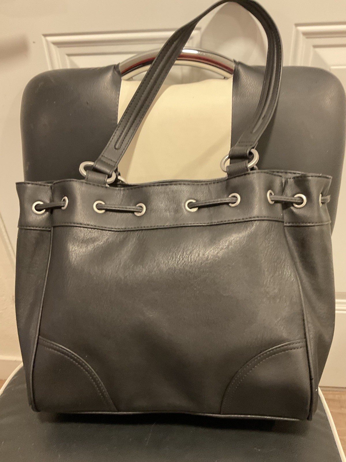 JUICY COUTURE Black Drawstring Tote JJBag Double Handles Rhinestone Crown