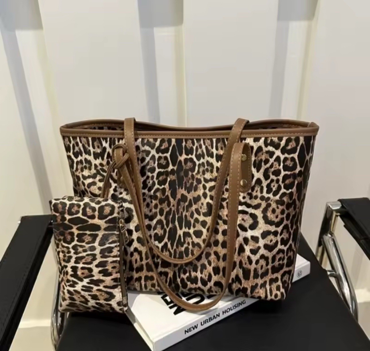 2 Set Women Leopard Print Tote PU Shoulder Bag Large Capacity