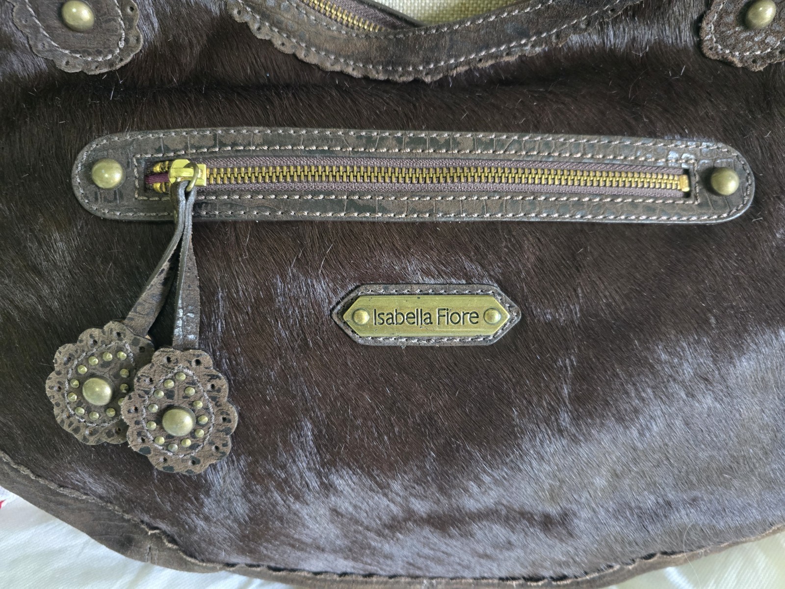 Isabella Fiore NWT, Brown Leather/Calf Hair Studded Hobo Bag, Aldic Ging RARE