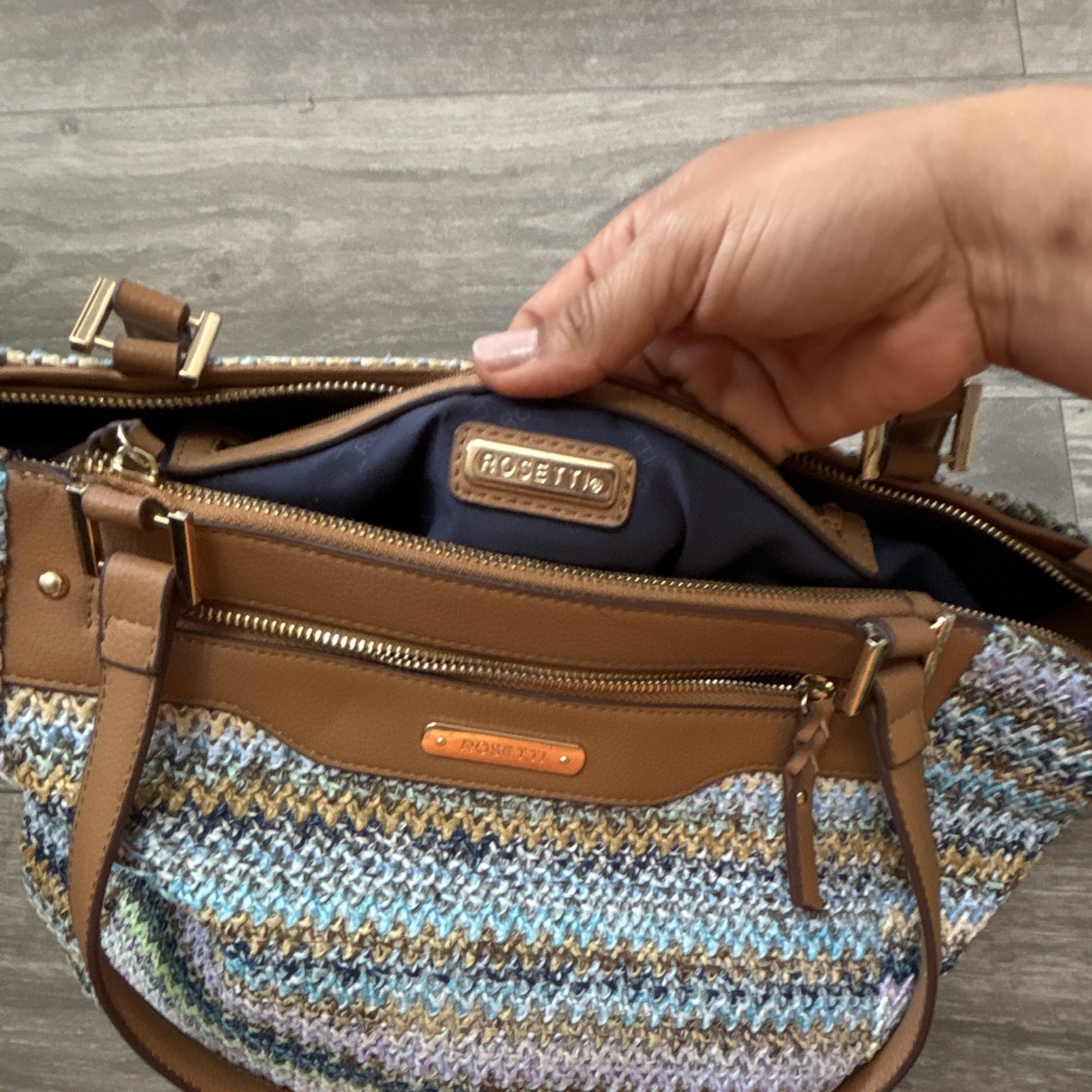 Rosetti Multicolor Striped Tote Zip Closure, Lined, Inner/Outer Pockets, Gold