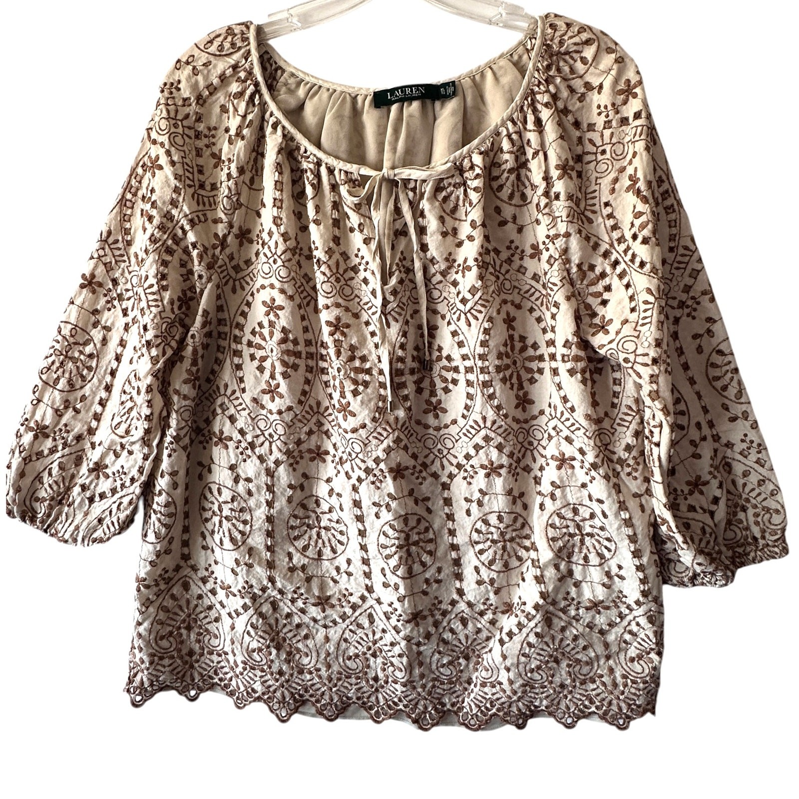 Lauren Ralph Lauren Eyelet Top Womens XL Tan Embroidered Peasant Boho Blouse