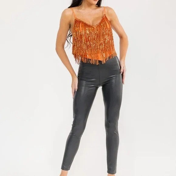 Orange Sequin Fringe Top Cropped Tassel Clubwear Glitter Rave Disco Cowgirl M