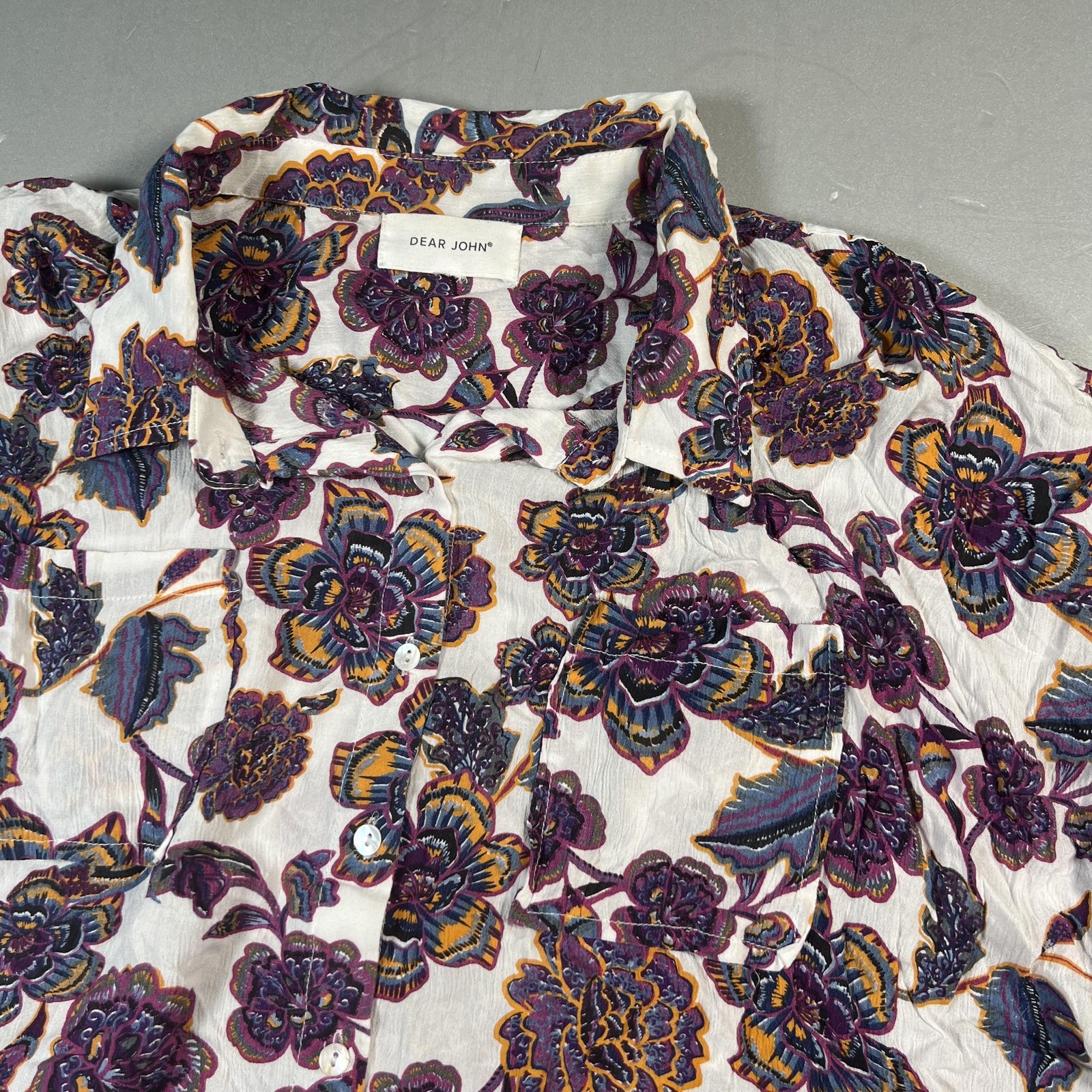 Dear John Shirt Womens XL White Purple Floral Button Front Roll Tab Blouse