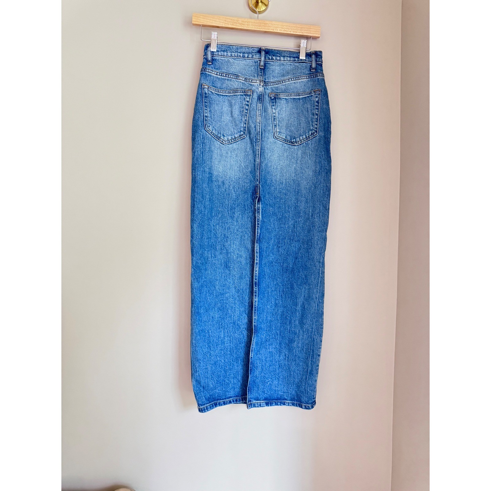 Reformation Daria Ultra High Rise Denim Maxi Skirt Medium Wash Blue Size 26