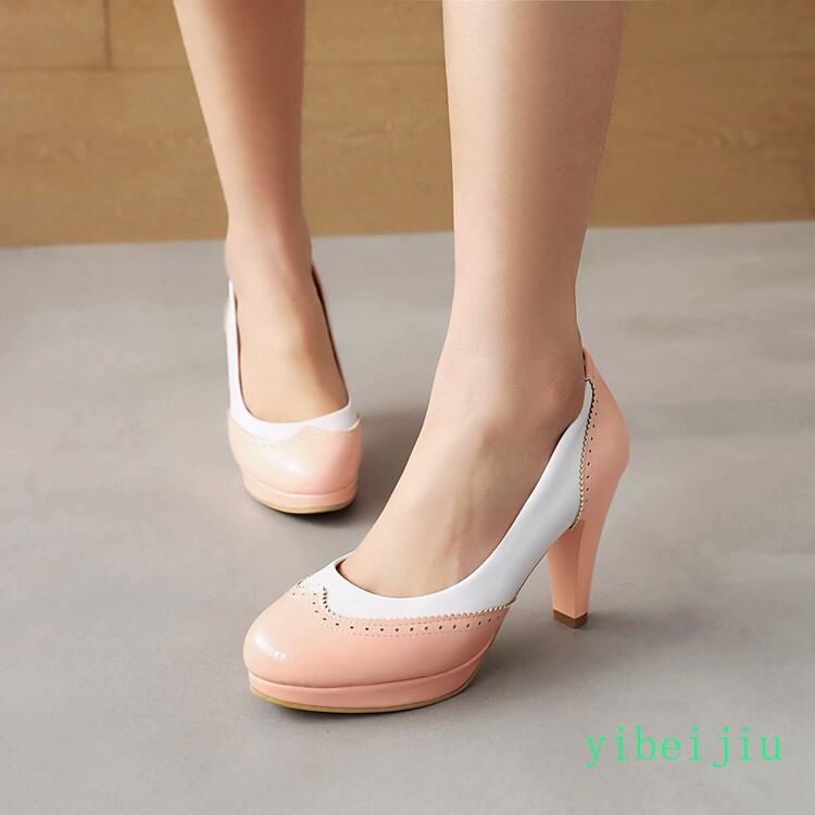 Women’s Fashion High Heel Dress Pumps Two Tone Colorblock Leather Shoes Wing Tip