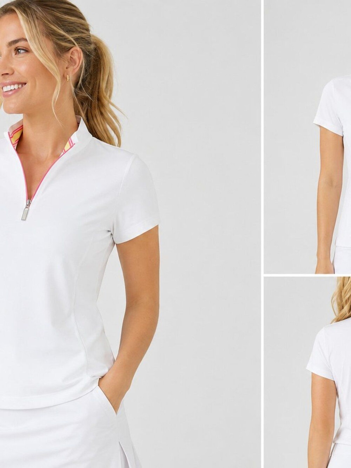 EP Pro Tour Dry White Golf Top Medium 1/4 Zip Pink Trim Short Sleeve