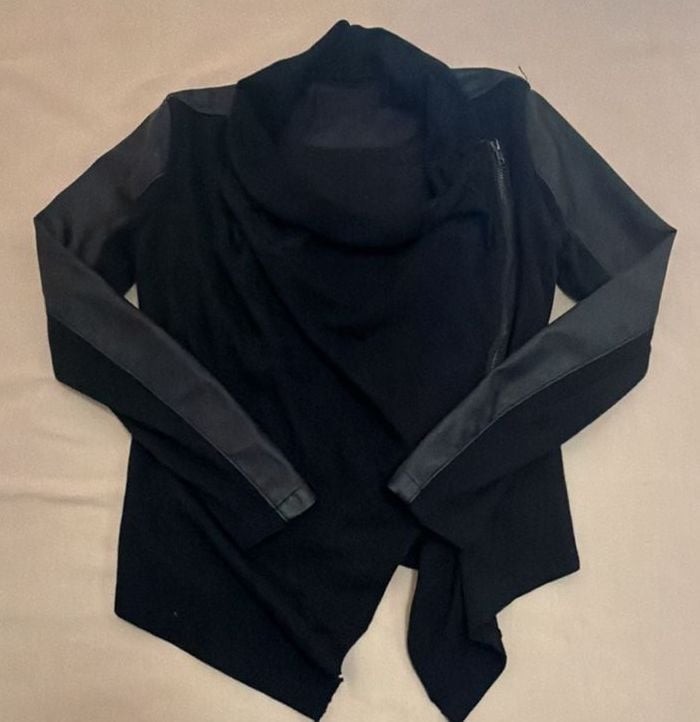 BlankNYC Black Faux Leather & Knit Asymmetric Drape Zip Moto Jacket Size S