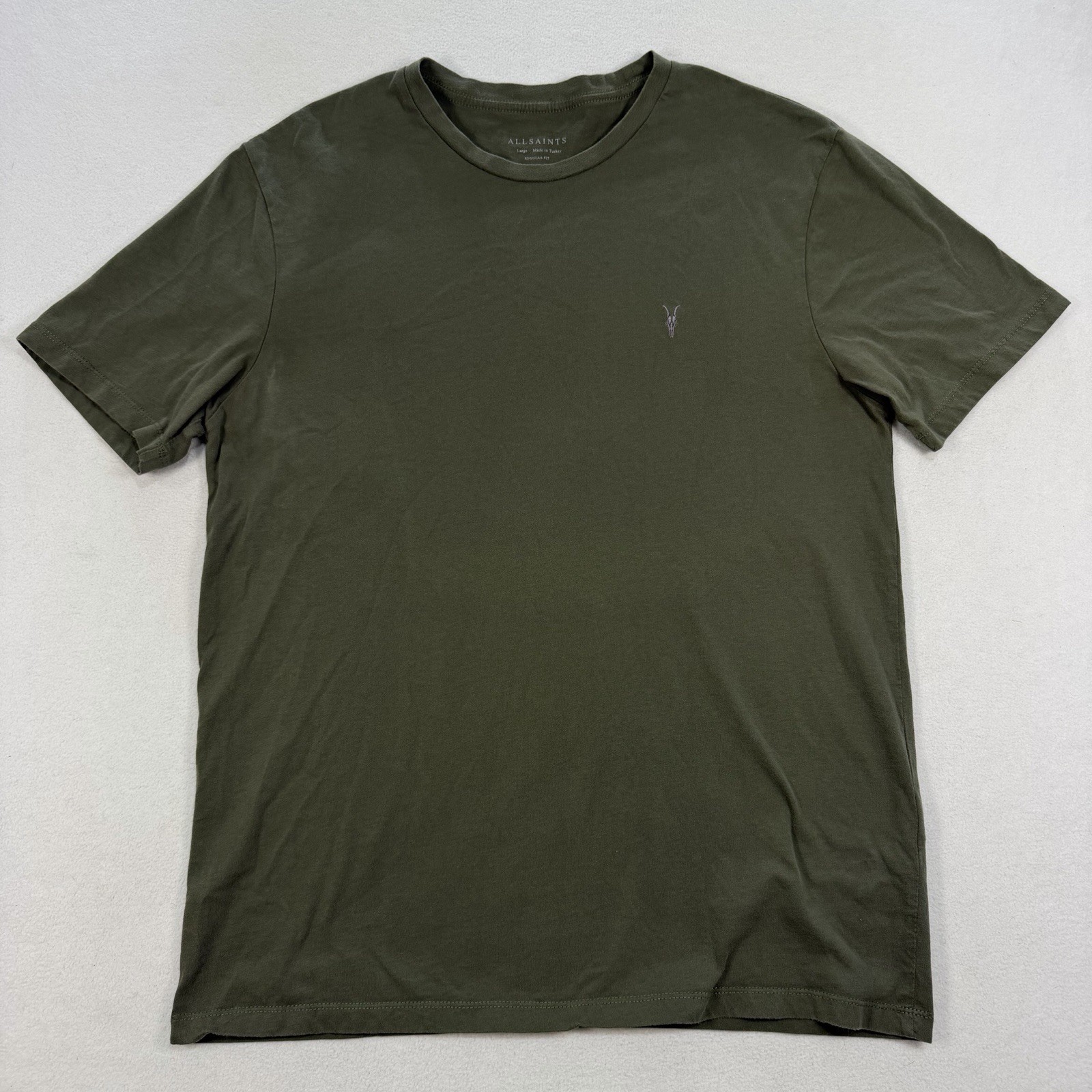 AllSaints Brace Crew Shirt Men Large Khaki Regular Fit Ramskull Short Sleeve Tee