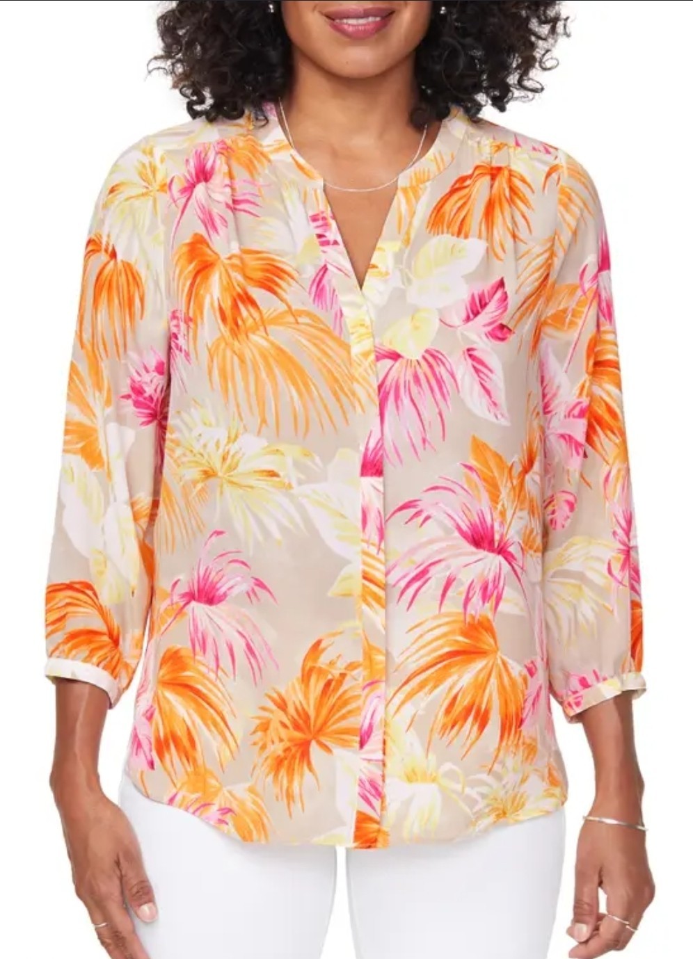 NYDJ Womens XS Tropical Palm Print Blouse Orange Pink 3/4 Sleeve Pleated V-Neck