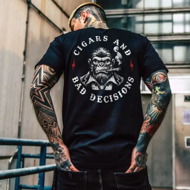 CIGARS AND BAD DECISIONS Chimpanzee Black Print T-shirt