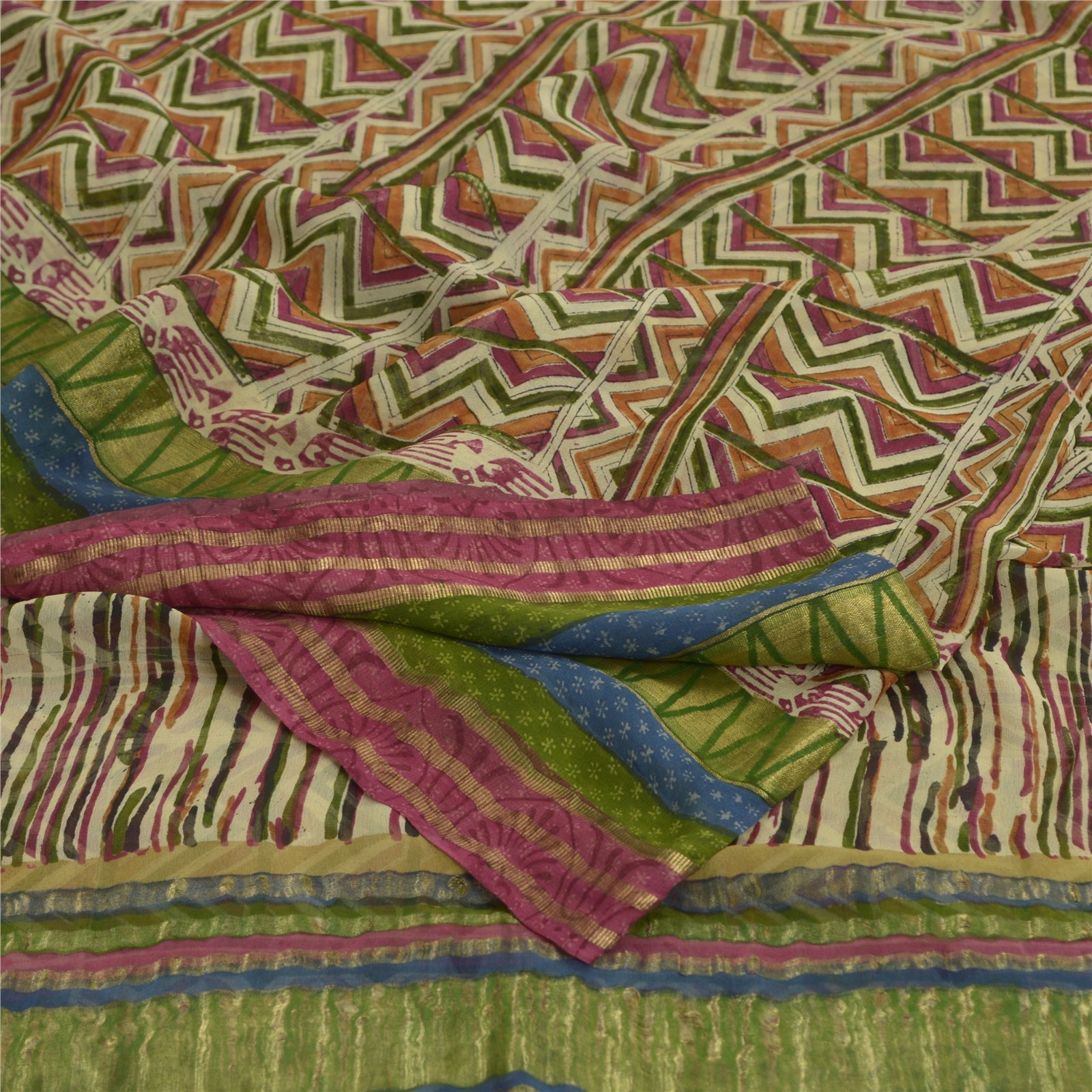Sanskriti Vintage Indian Sari Pure Georgette Printed Fabric 5Yd Craft Sarees