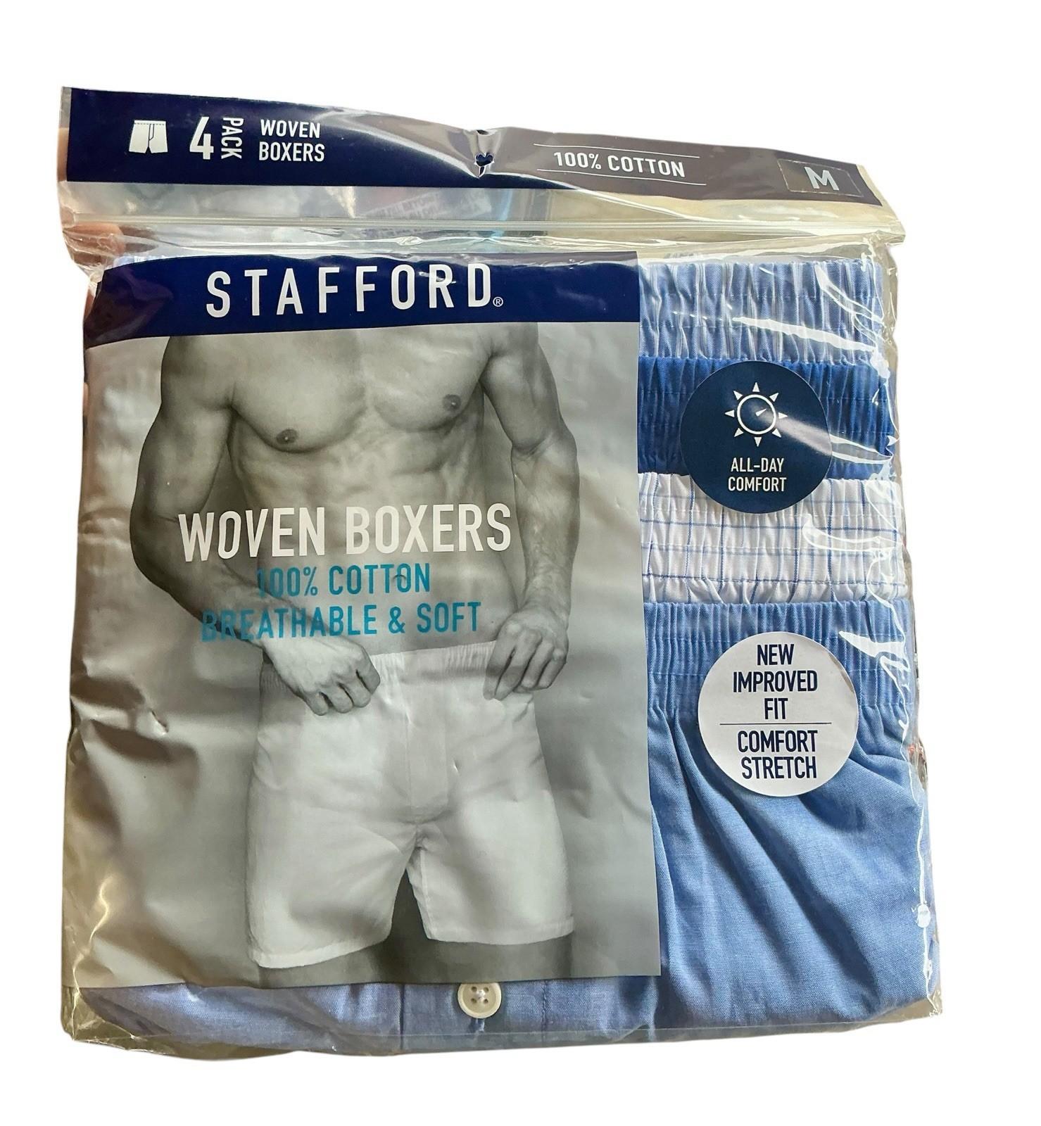 Stafford Men’s Woven Boxers 4 Pack Medium 32-34 100% Cotton French Blue NIP