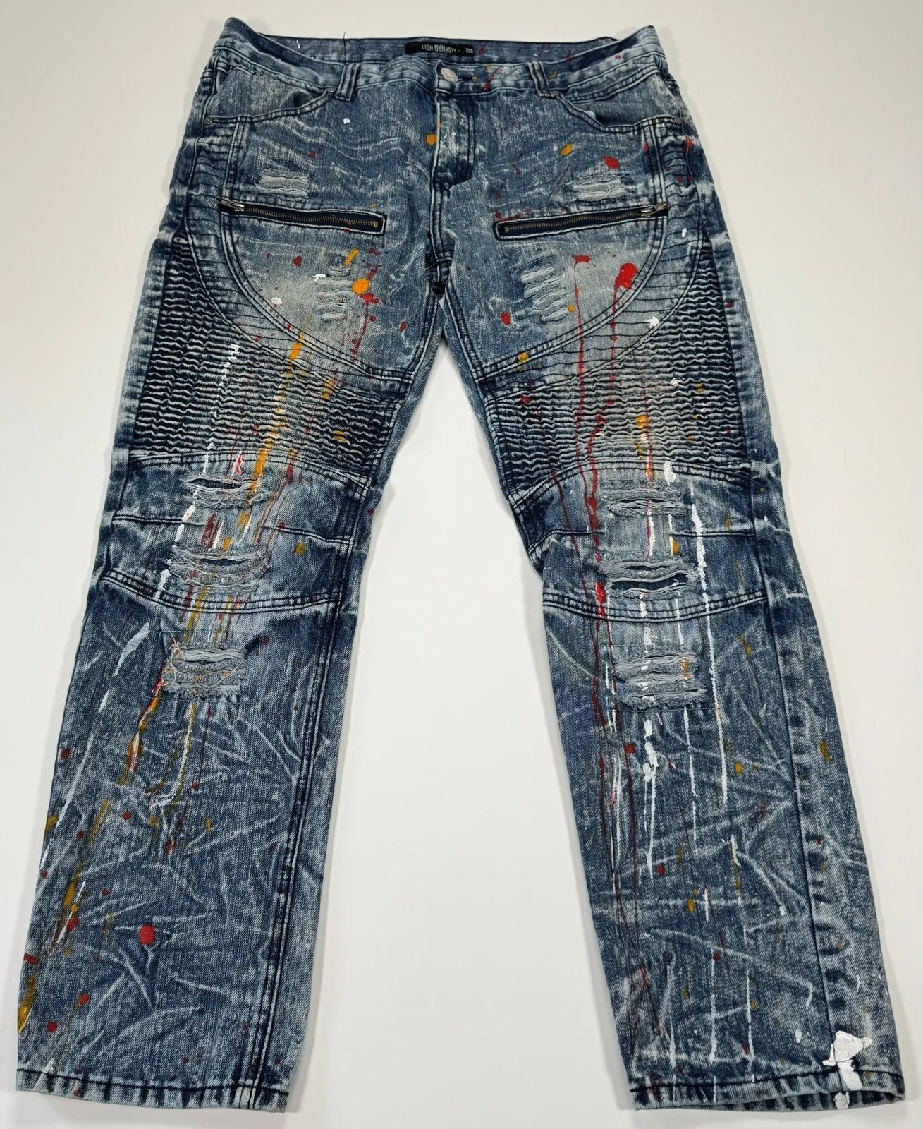 Lion Dynasty Moto Jeans Mens 36×30 Blue Acid Wash Paint Splatter Distressed Y2K