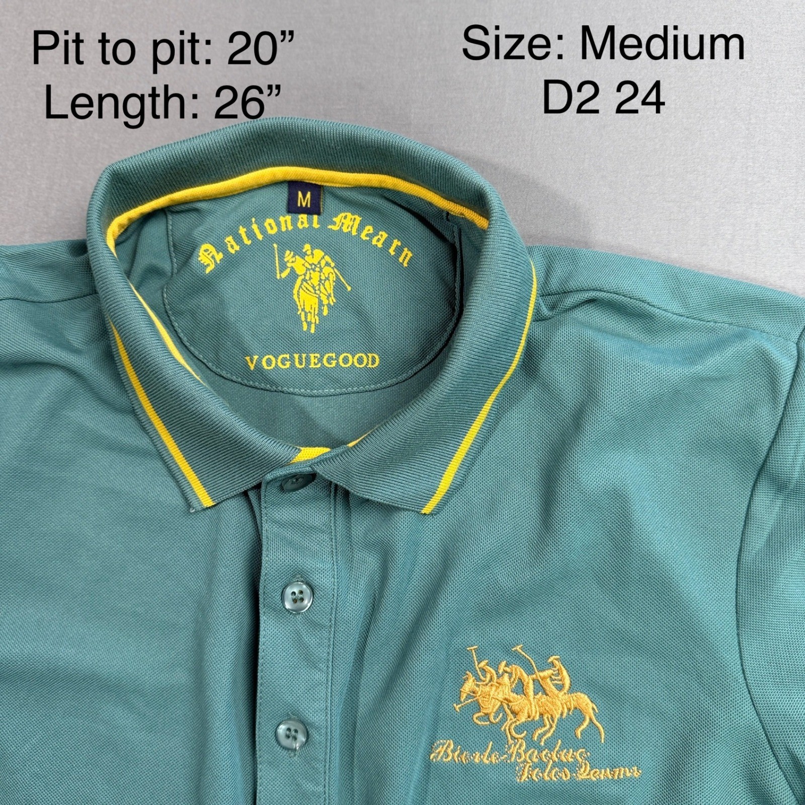 National Mearn Voguegood Polo Shirt Medium Embroidered Green Yellow