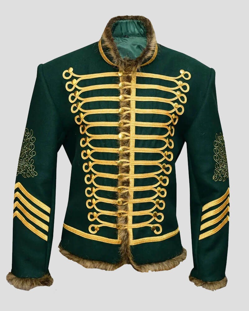 Premium Jimi Hendrix Style Green & Gold Hussar Military Parade Jacket with Fur T