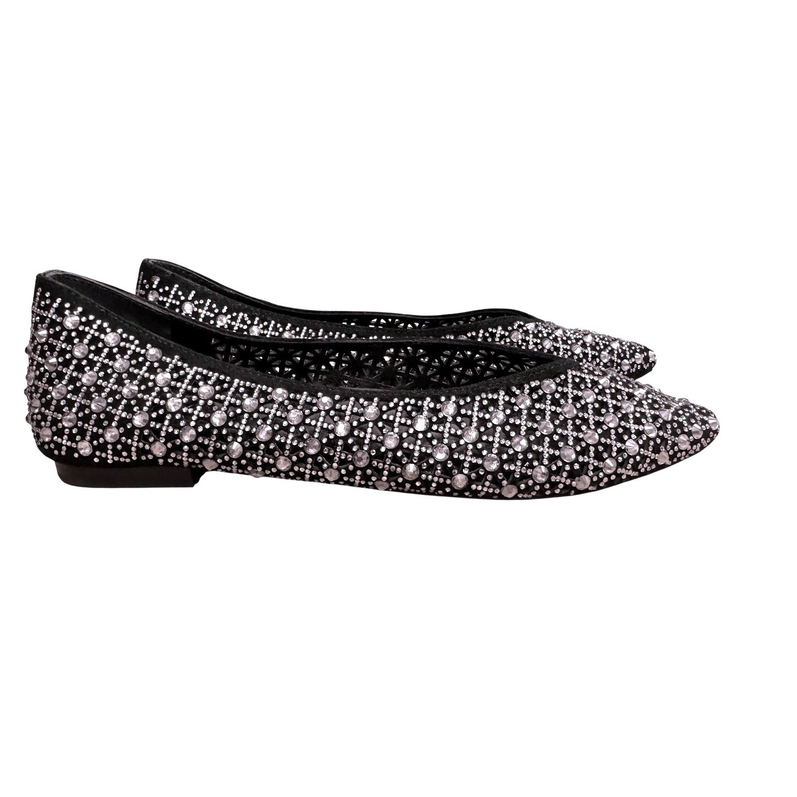 Birdies Swan Black Crystal Embellished Flats Rhinestone Leather Pointed Toe 9.5