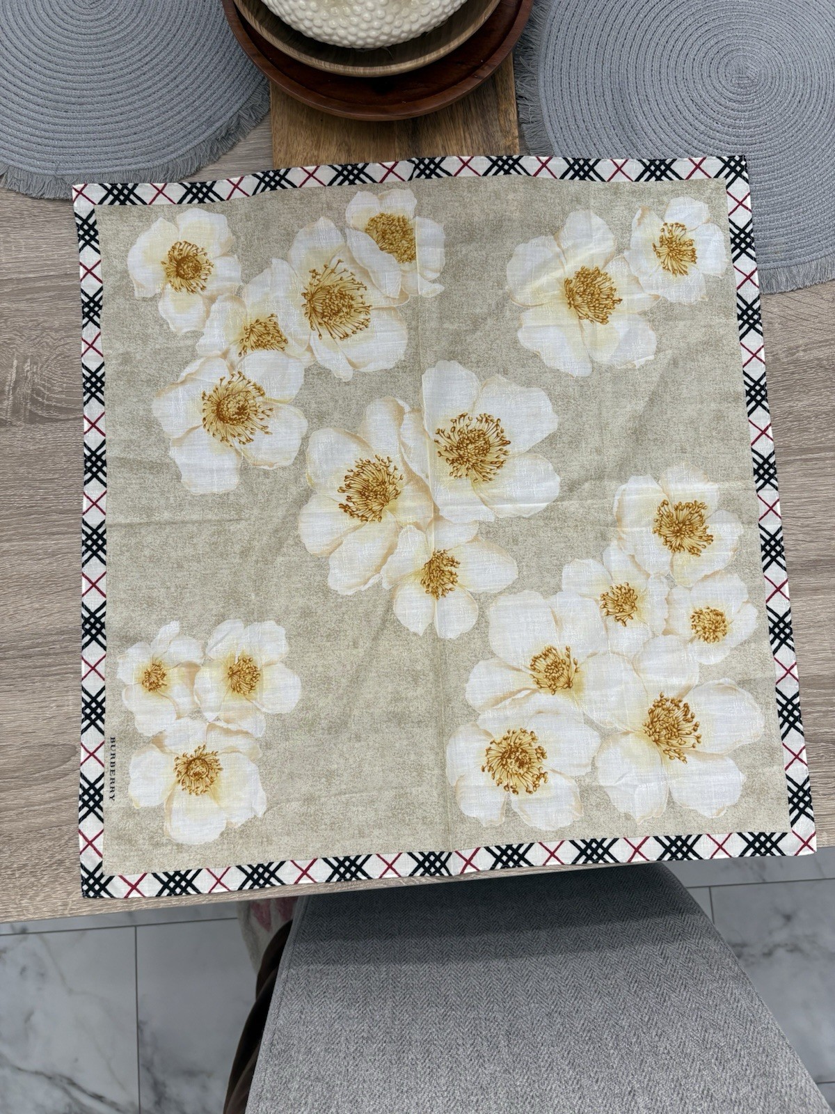 Burberry Floral Handkerchief Beige/White Flowers Plaid Border Black/Red 1pc