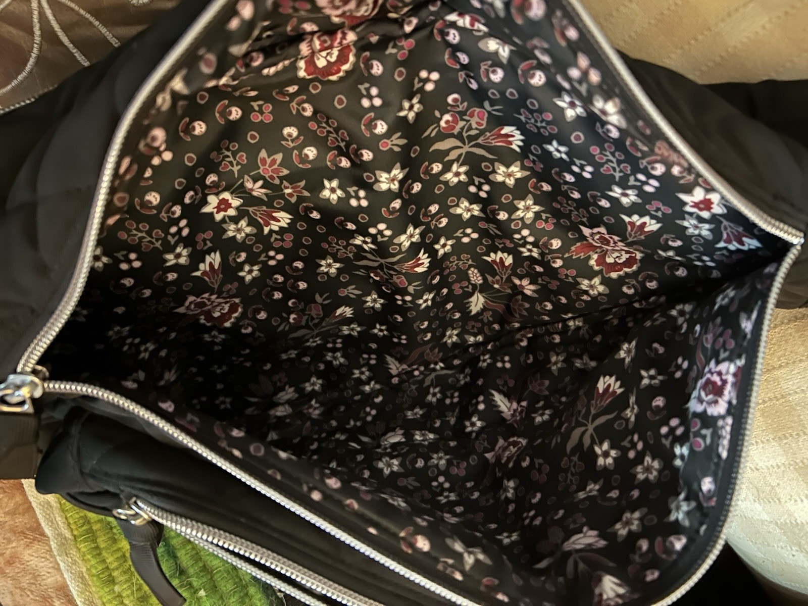 Black Sling Crossbody Bag Floral Lining Multi-Zip Pockets Adjustable Strap