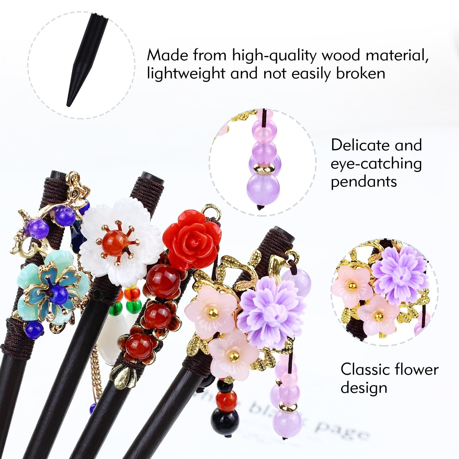 8 Vintage Retro Asian Hair Sticks – Chinese Japanese Wooden Hair Pins with Beads