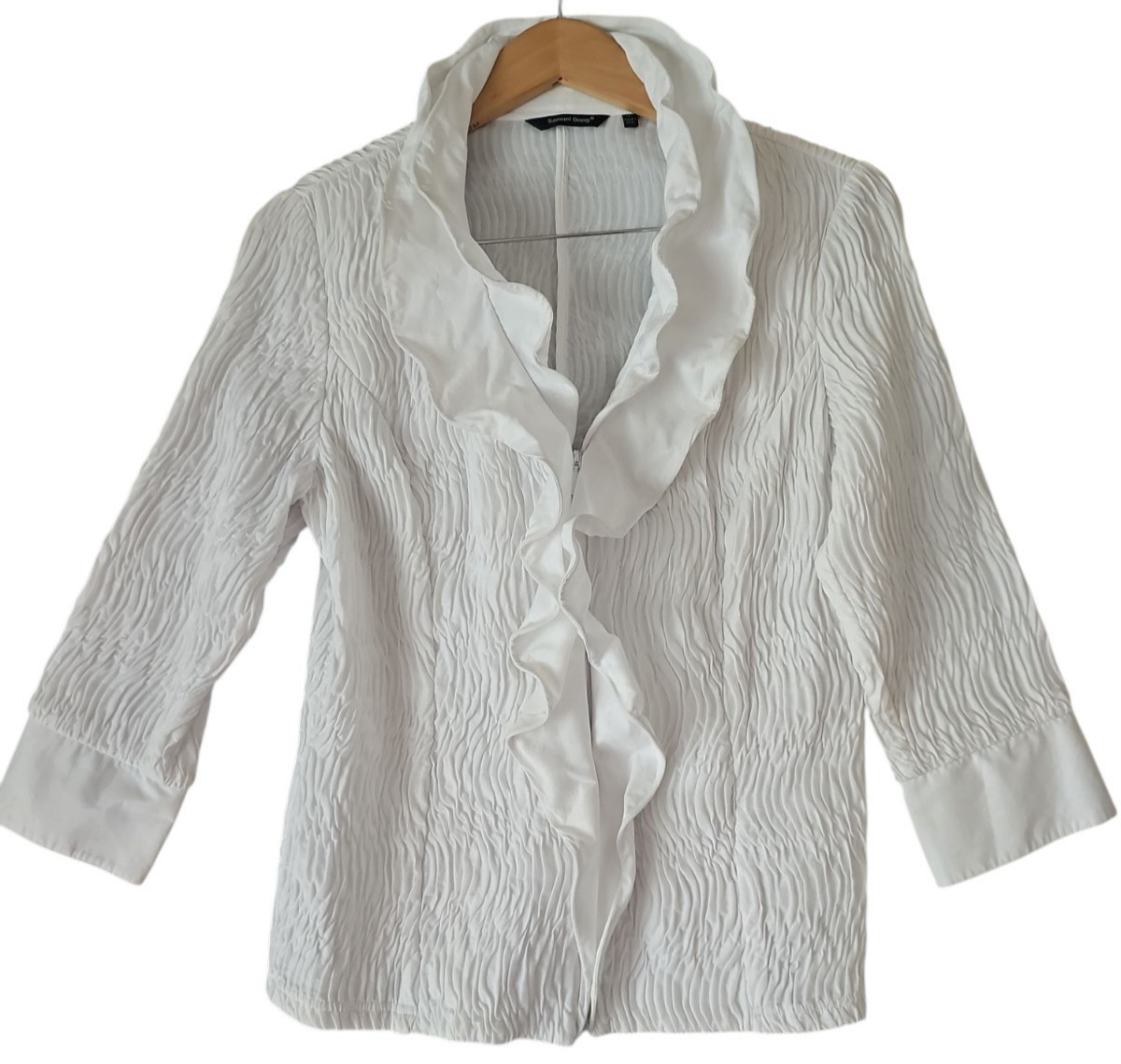 SAMUEL DONG Victorian Ruffle Trim Texured White Zipper Blouse 3/4 Sleeve Cuff L