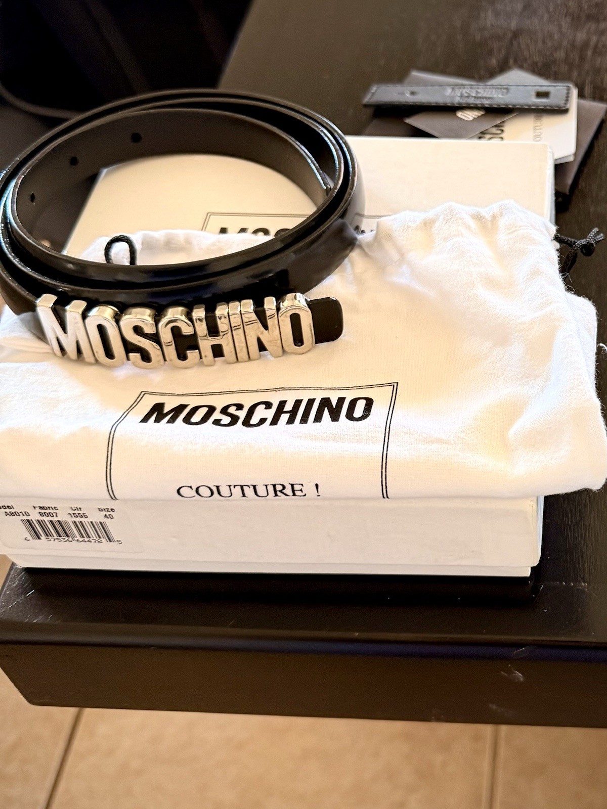 Moschino Black Leather Logo Belt Silver Letter Buckle 38” w/ Box Dust Bag & Tags