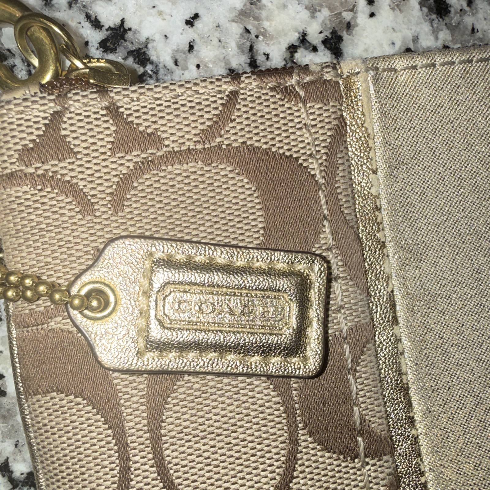 Coach Signature Logo Zip Wristlet Wallet w/ Wrist Strap, Beige Brown Gold