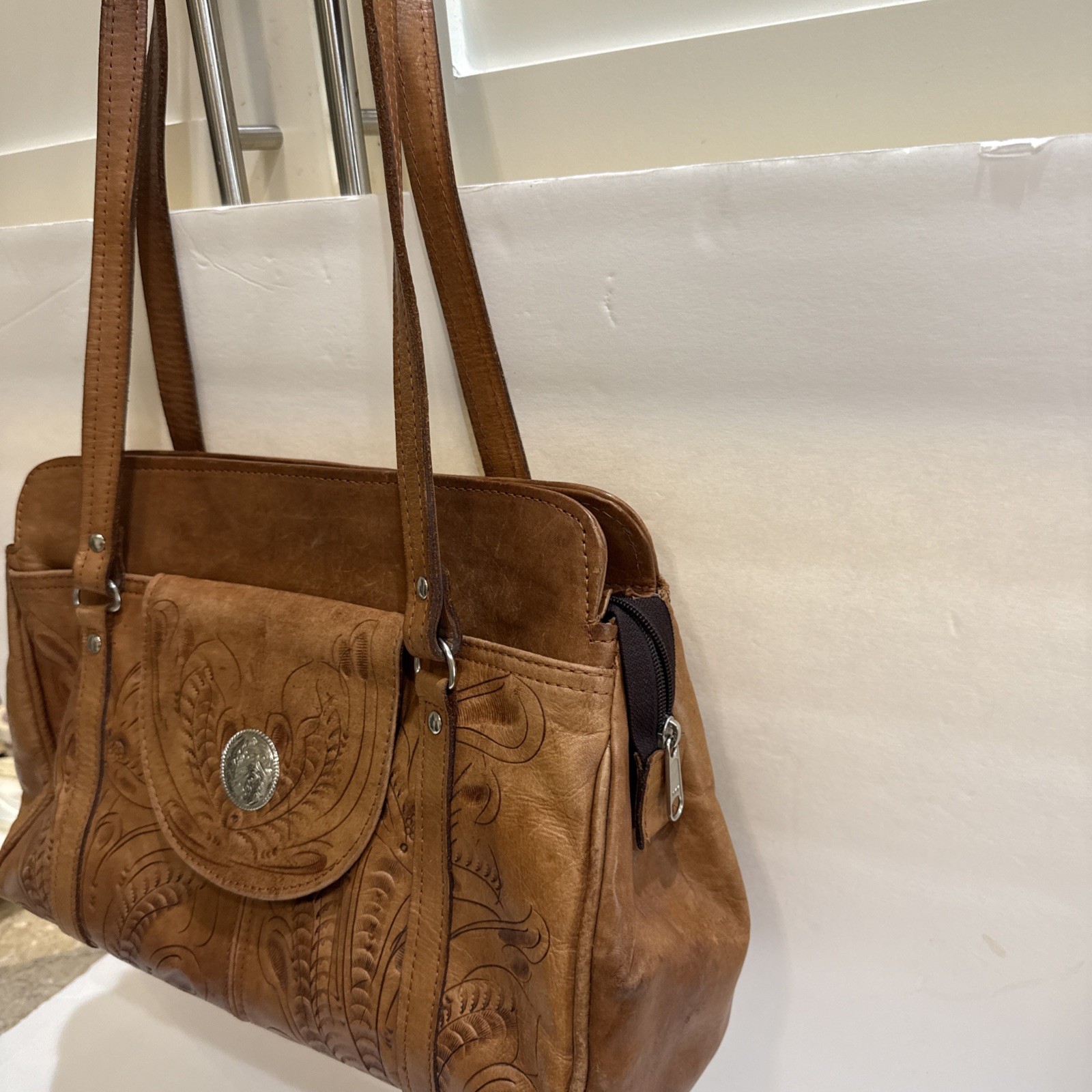 Grants Natural Tooled Leather Western Purse Satchel Made In Paraguay