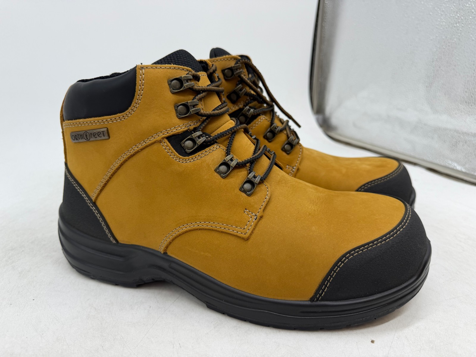 Orthofeet Granite Work Boots Men’s Mustard Black Leather Waterproof – 10 WIDE