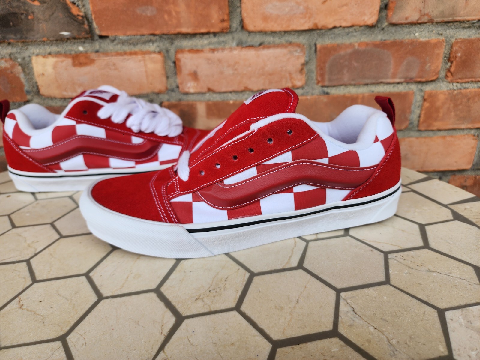 Sz 12 Vans Knu Skool Red White Mega Check Checkerboard Sneakers Men Old