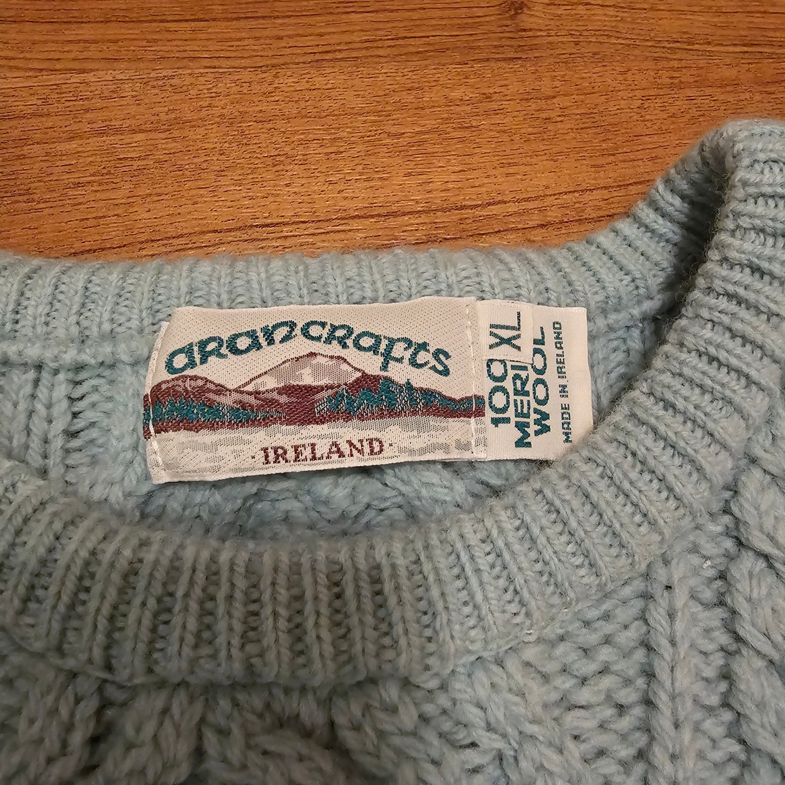 Aran Crafts Ireland 100% Merino Wool Cable Knit Fisherman Sweater Blue XL