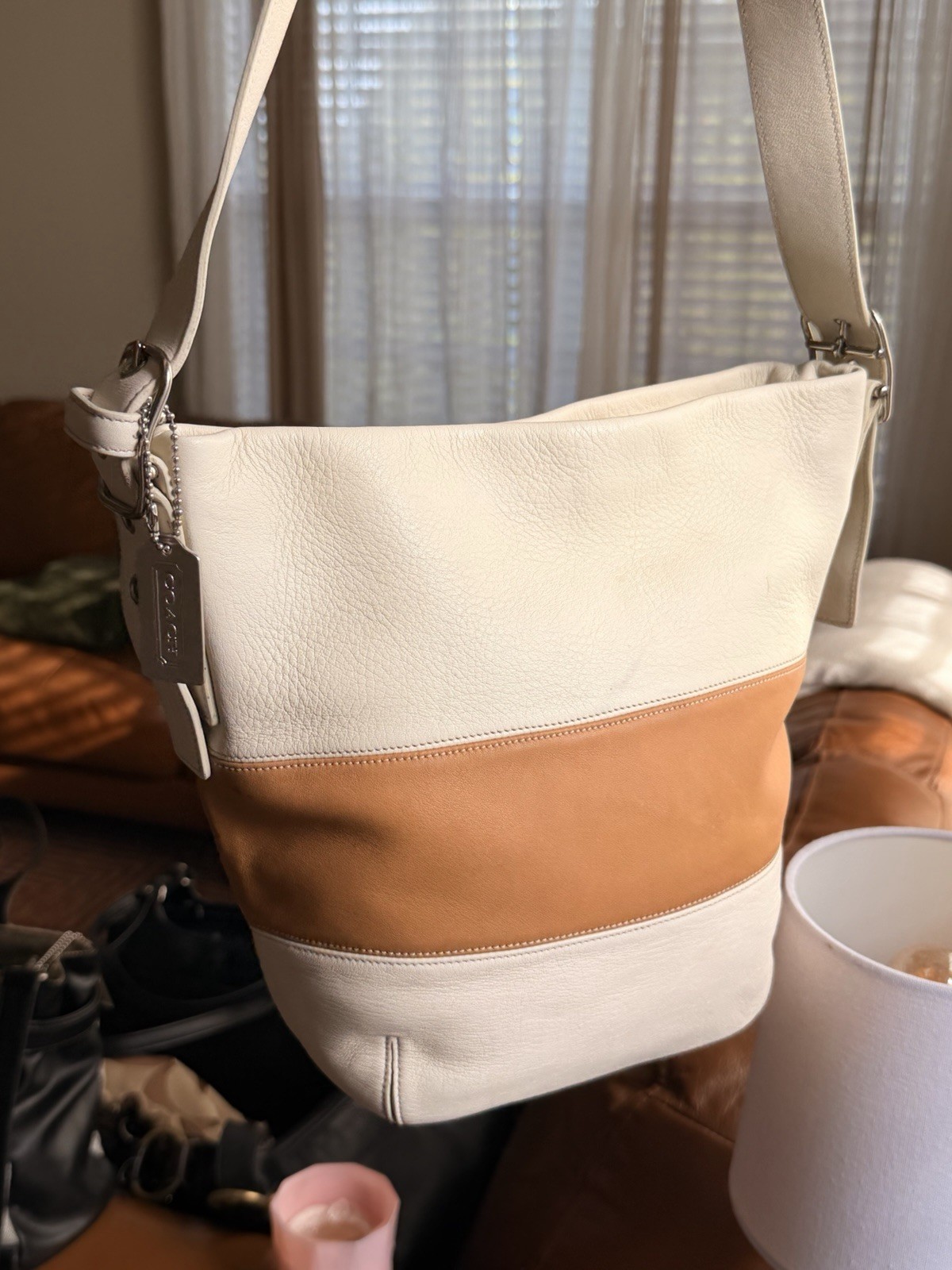 Coach Madison Rugby Duffle White/Tan Leather Shoulder Bag Adjustable Strap