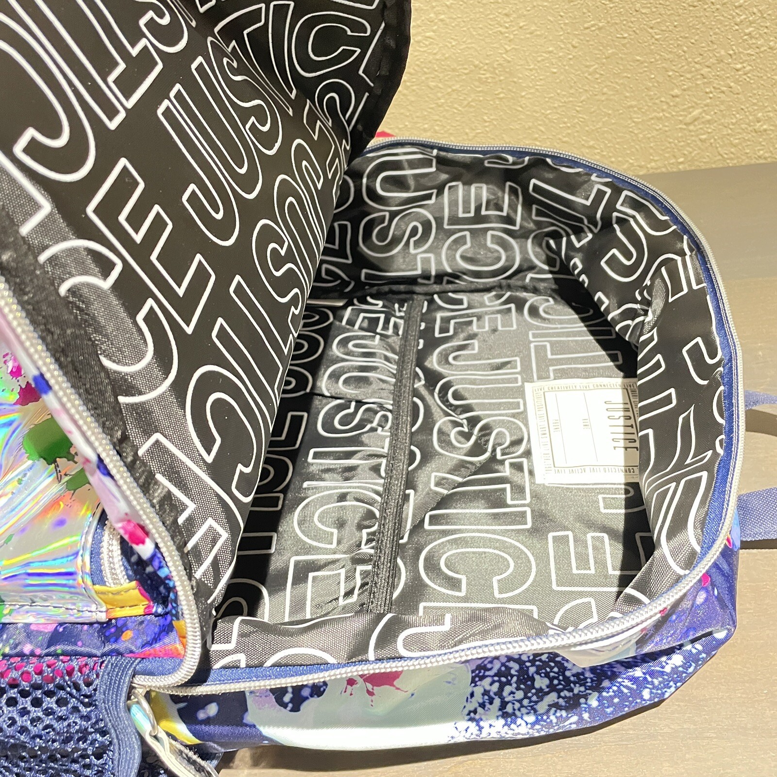 Justice Colorful Backpack School Bag Blue Silver splash Paint mesh pockets NWT