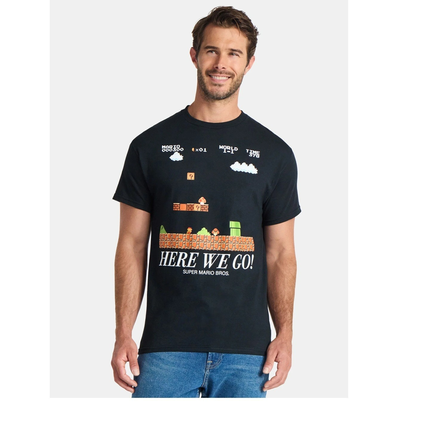 NINTENDO MARIO Men’s size 2XL(44-46) TEE-SHIRT Here We Go BLACK ~ New with Tags