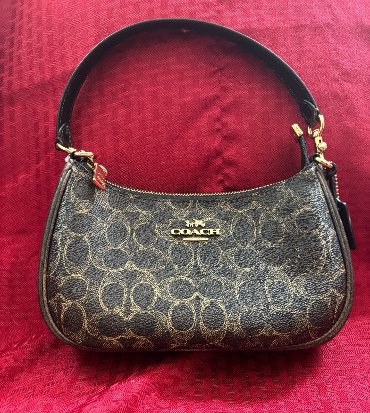 Coach Teri Small Brown Signature Logo Crescent Shoulder Bag Zip w/ Charm Strap