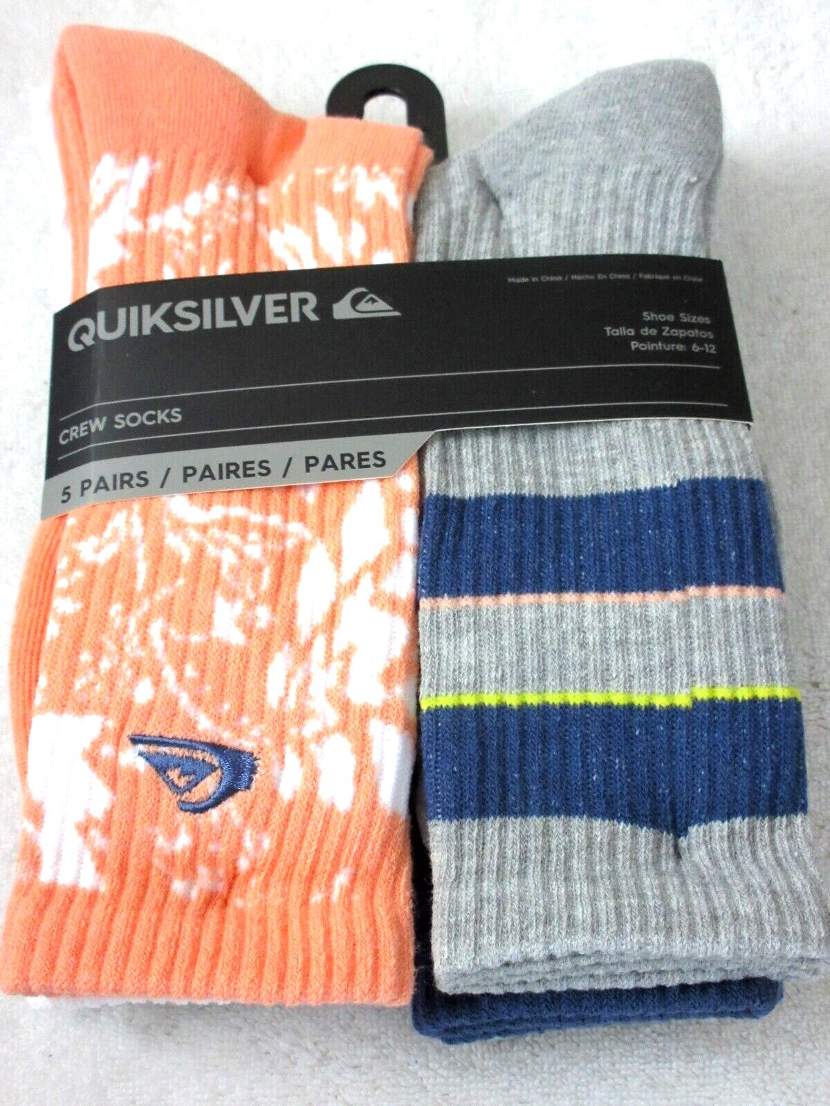 Quiksilver Men’s Crew Length socks lot of 5 pairs Size 6-12 NWT Ships Free