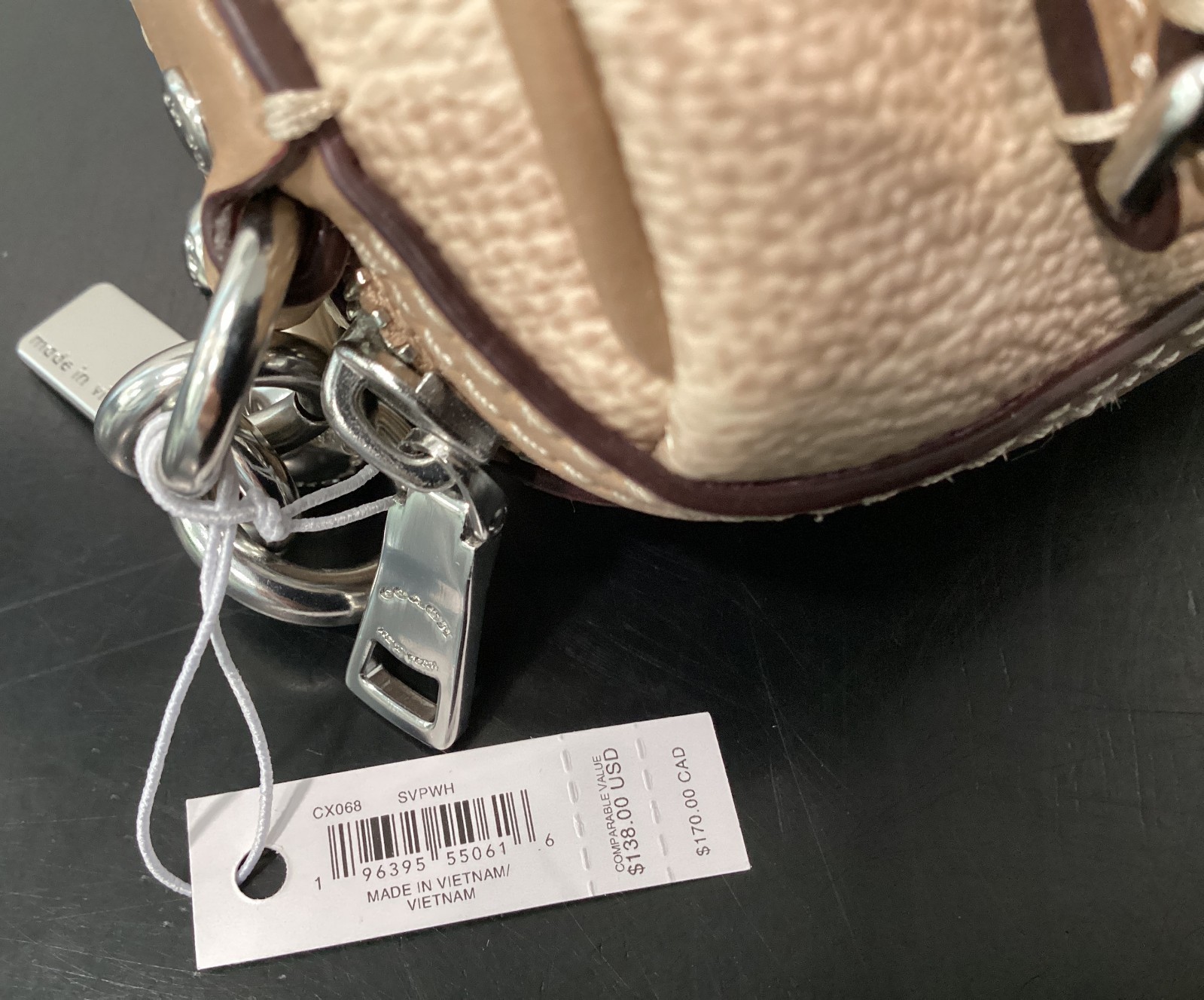 Coach Mini Rowan Bag Charm CX068 Sand Signature Canvas Leather 3.75″x2.5″x2.25″