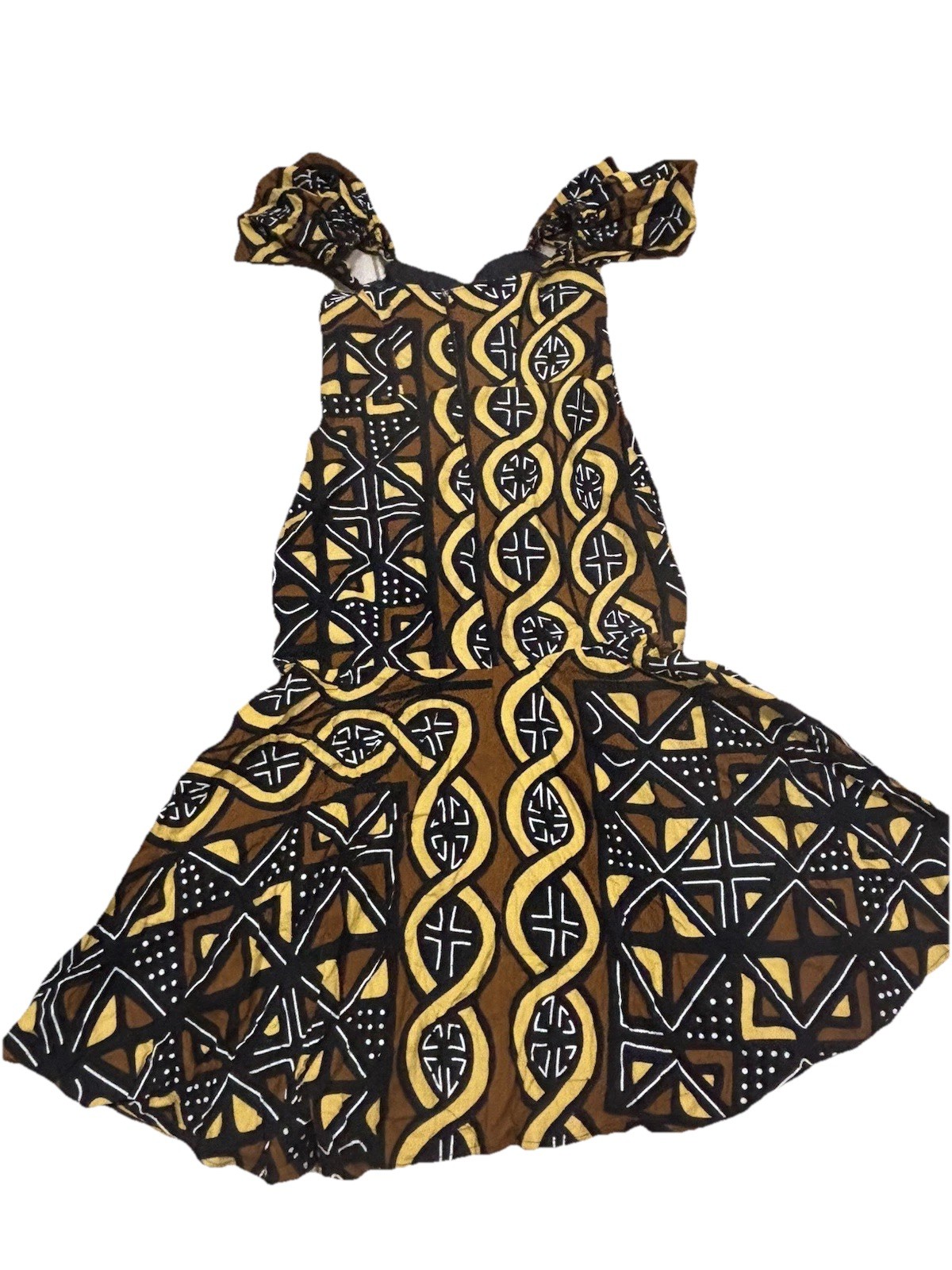 Ankara African Print Mermaid Maxi Dress Large Cap Sleeve Black Brown Yellow