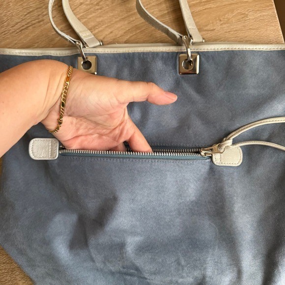 N.A.N. Blue Suede Leather Trim Tote Bag Silver Hardware Shoulder Bag Large y2k