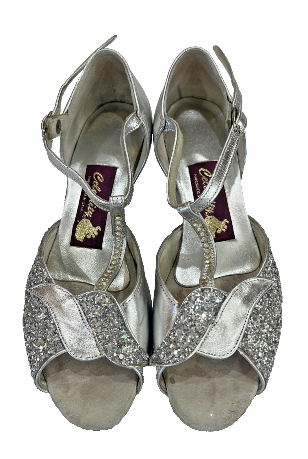 Celebrity Silver Leather T-Strap Heels Womens 7.5 N USA Ballroom Dance Shoes