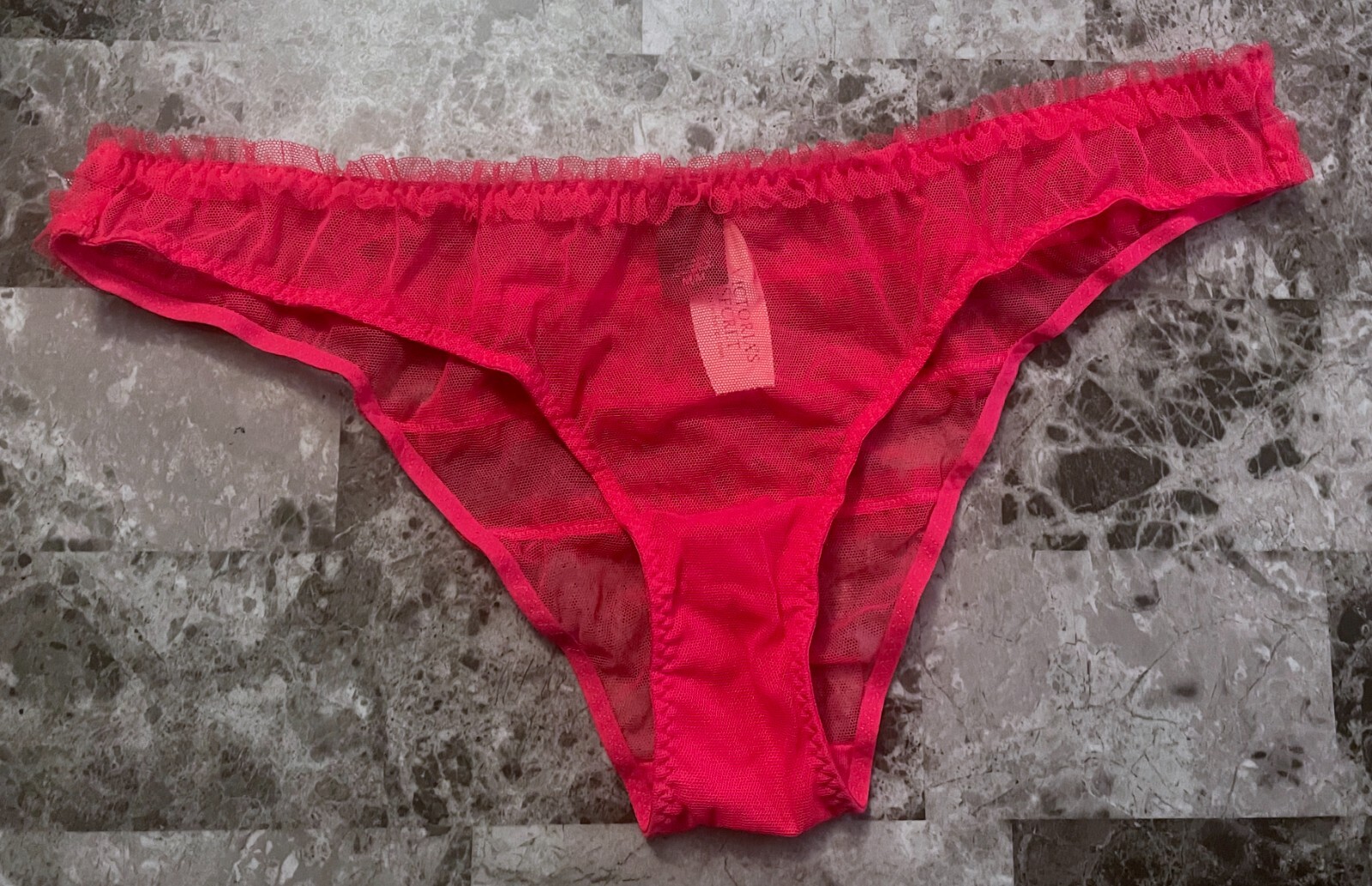 NWT VICTORIA’S SECRET M WATERMELON RED SHEER MESH RUFFLE RARE CHEEKY PANTIES
