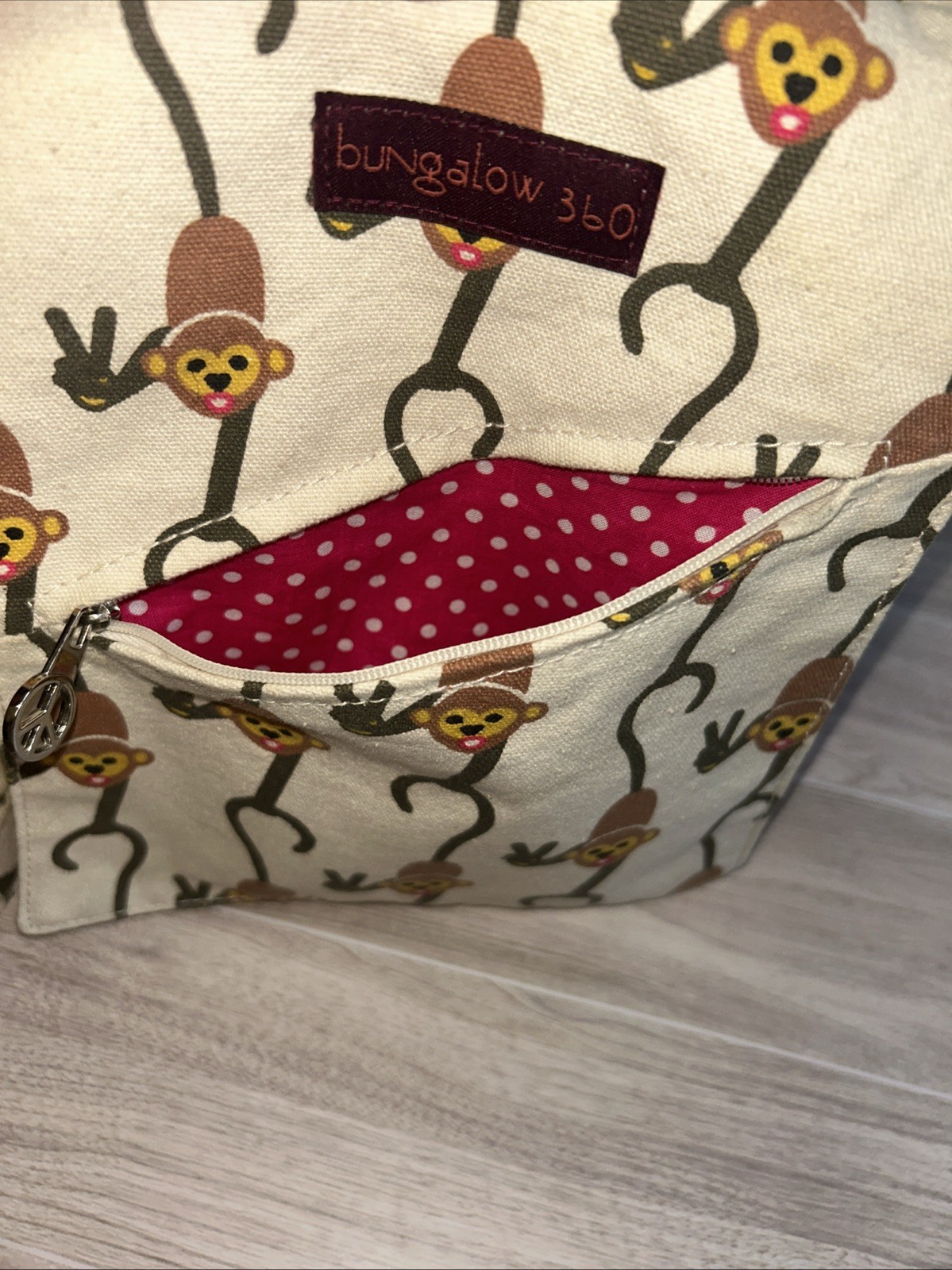 Bungalow 360 Monkey Canvas Cross Body Bag, 55” Strap, Polka Dot Lining, Peace