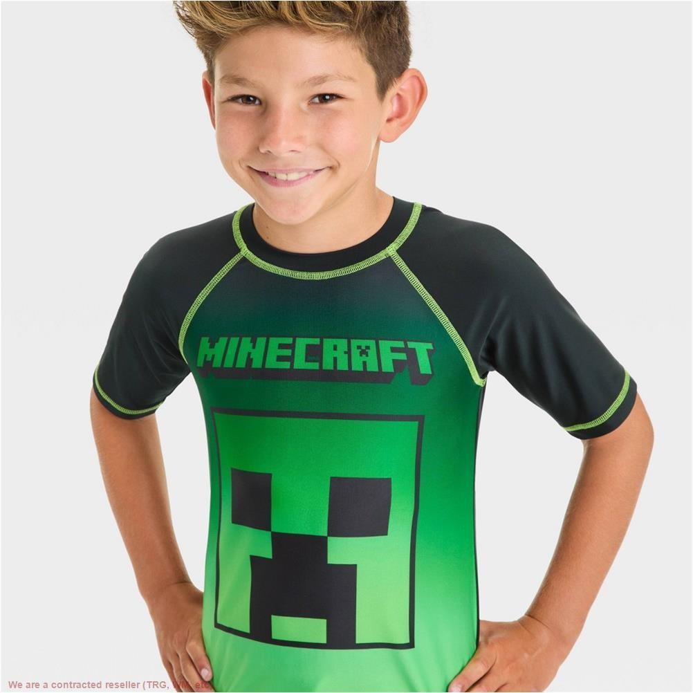 Boys’ Minecraft Rash Guard Top Green UPF 50+ Swimwear SIZE M *SEE DEAL!!!*