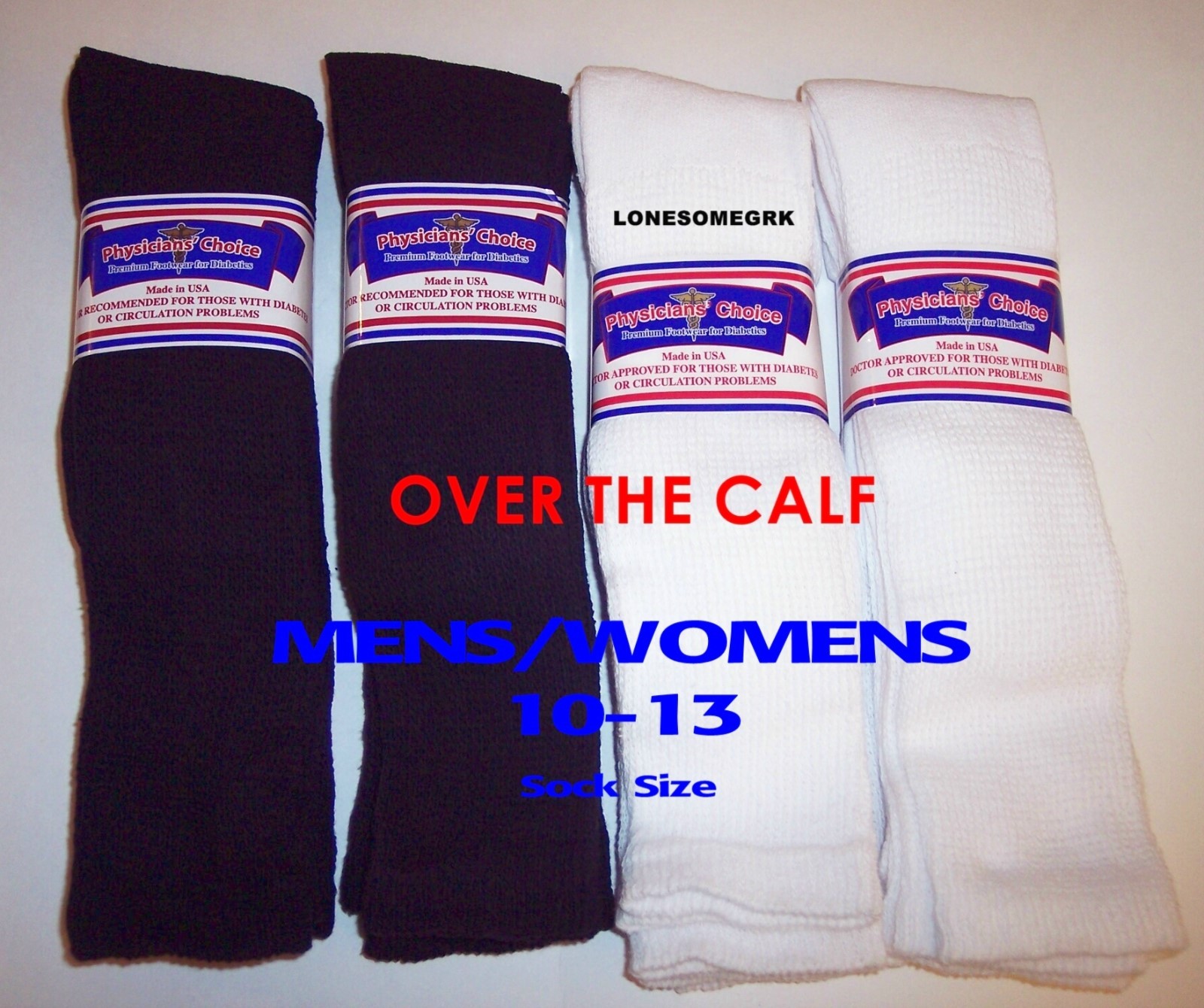 6 Pairs Physicians Choice OVER THE CALF / KNEE Cushioned Diabetic Socks USA Made