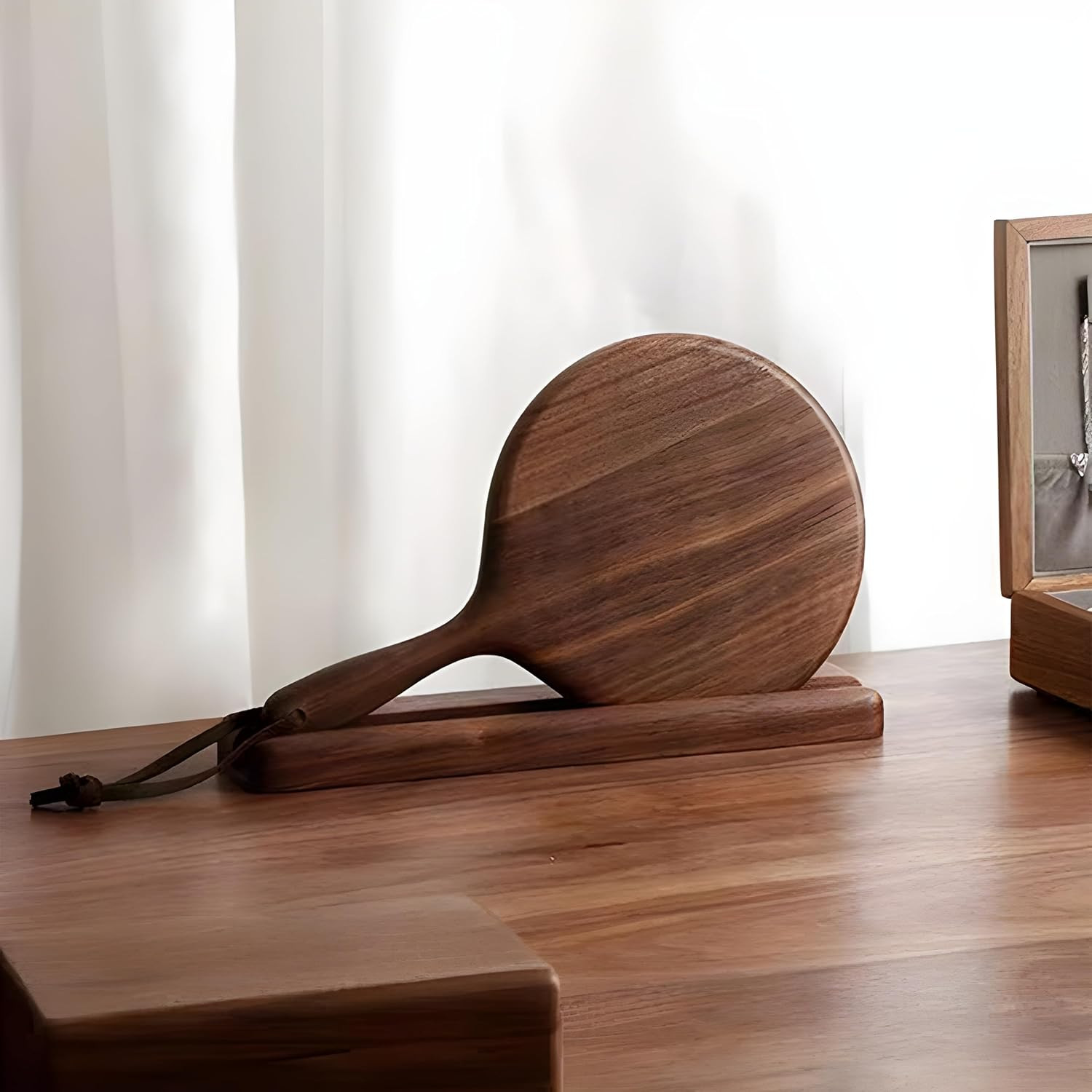 Handheld Mirror with Base, Wood Barber Hairdressing Handheld Mirror, Makeup Hand