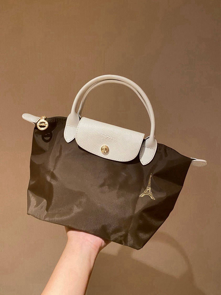 Longchamp Le Pliage Brown White Small Top Handle Bag Zip Snap Gold Logo Fold