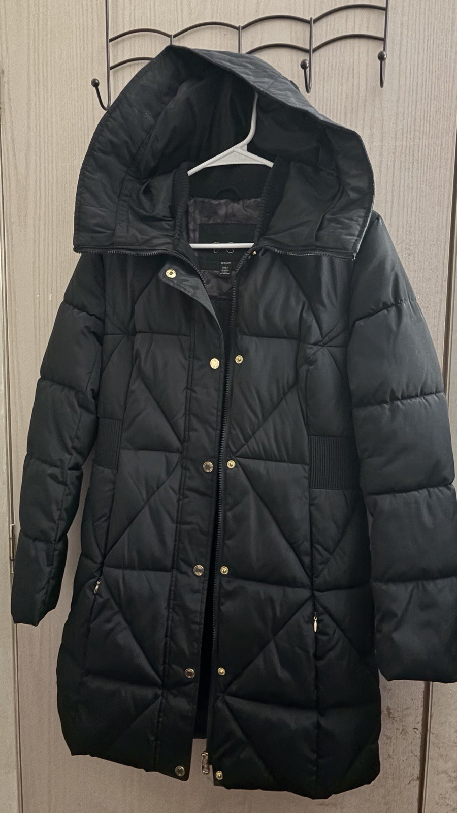Jessica Simpson Women’s Petite Black Hooded Full Zip Mid-Length Puffer Coat, XS