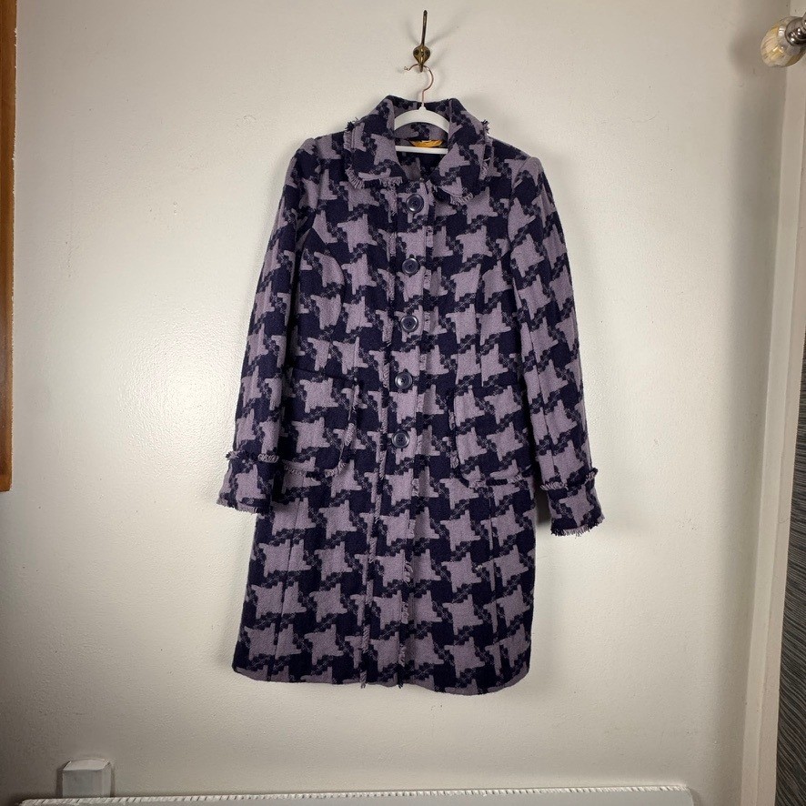 Boden Purple Houndstooth 100% Wool Coat Fringed Trim WE270 Womens Size 8 US