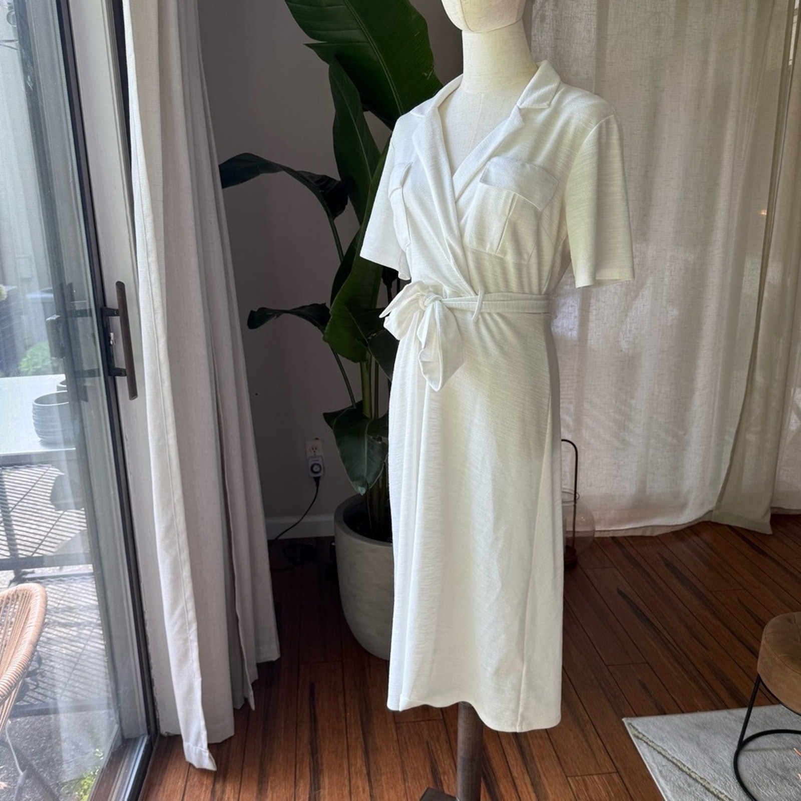 🤍 Cream Short Sleeve Collared Utility Midi Dress – Size US 2 / UK 6